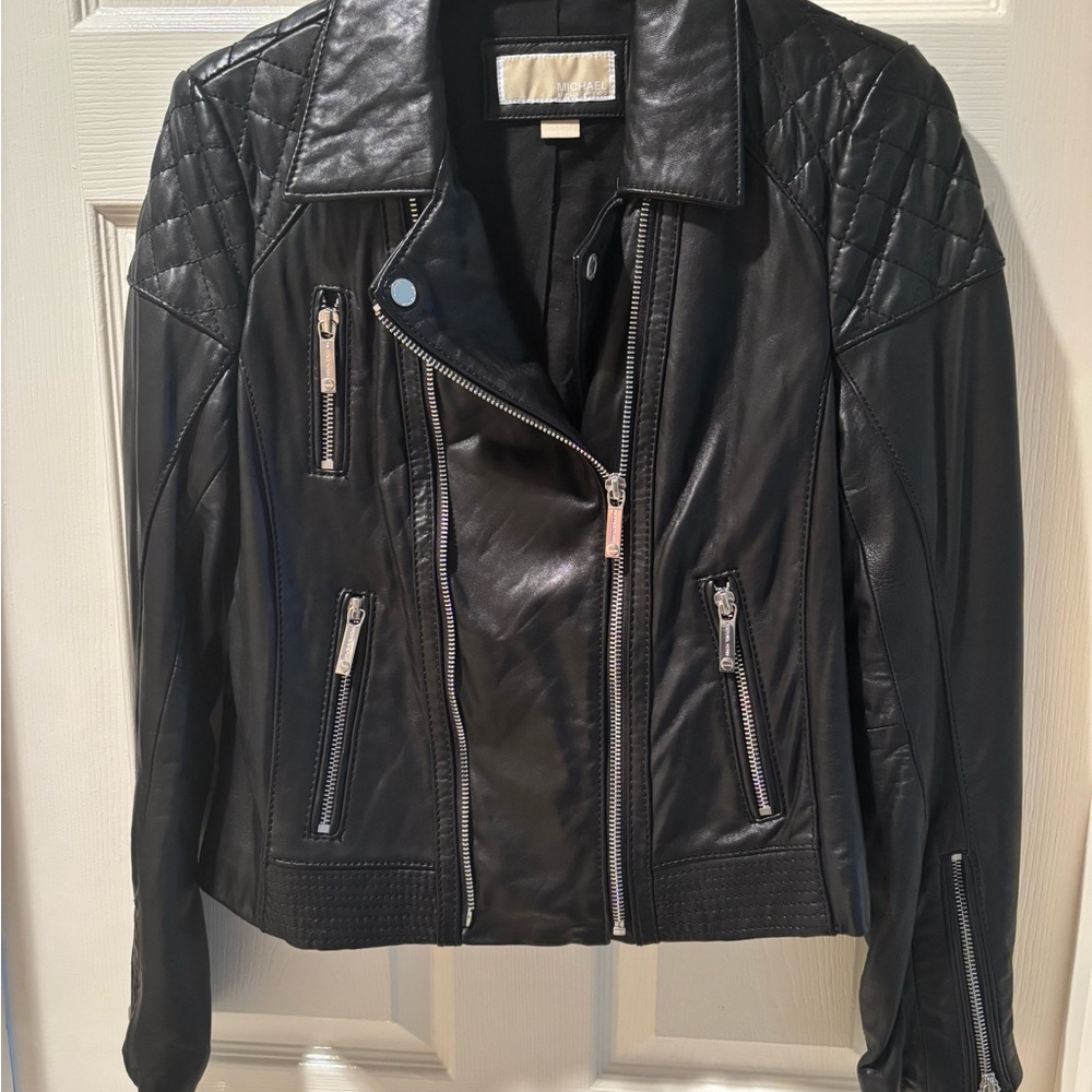 Michael Kors Black Leather Jacket with Quilted Shoulders